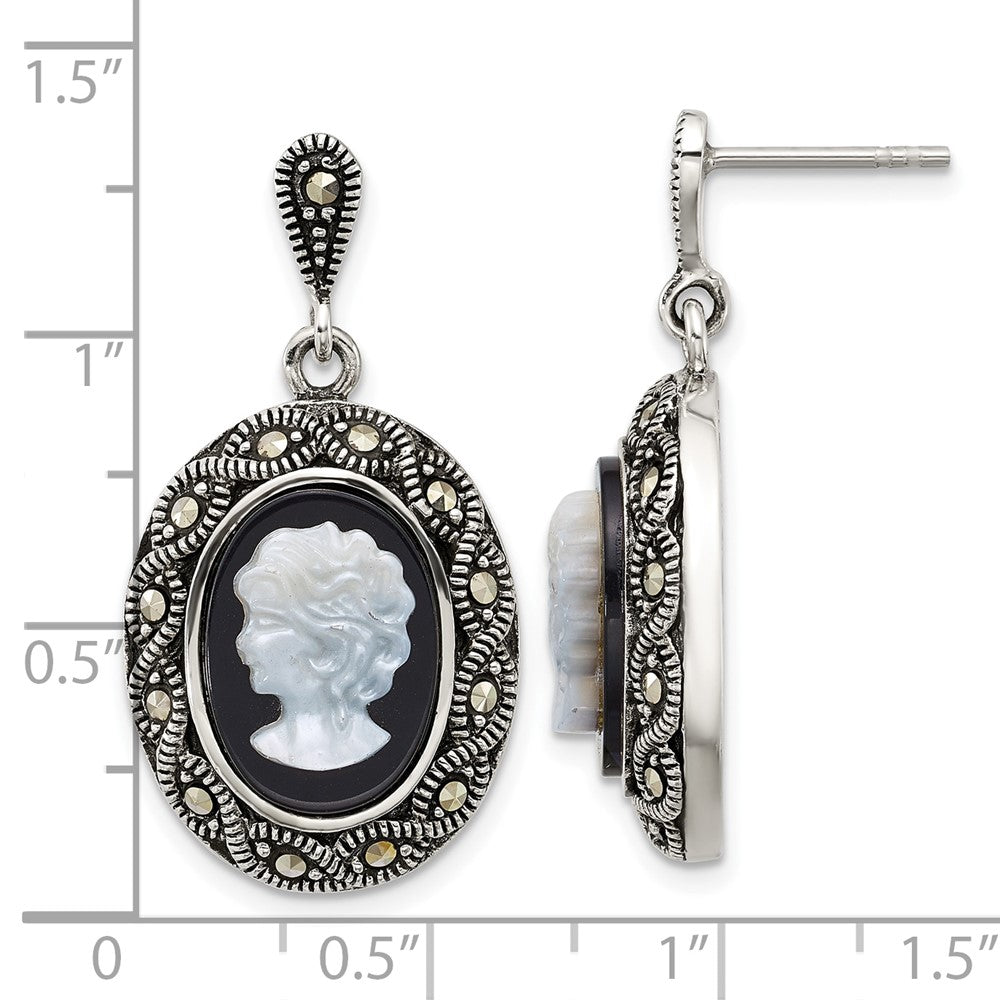 Sterlingsilber Antikisiert Markasit Schwarz Achat und Perlmutt Cameo Ohrringe
