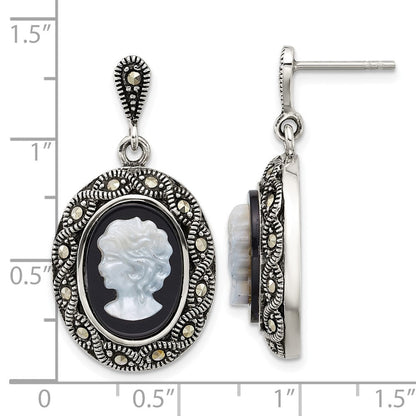 Sterlingsilber Antikisiert Markasit Schwarz Achat und Perlmutt Cameo Ohrringe
