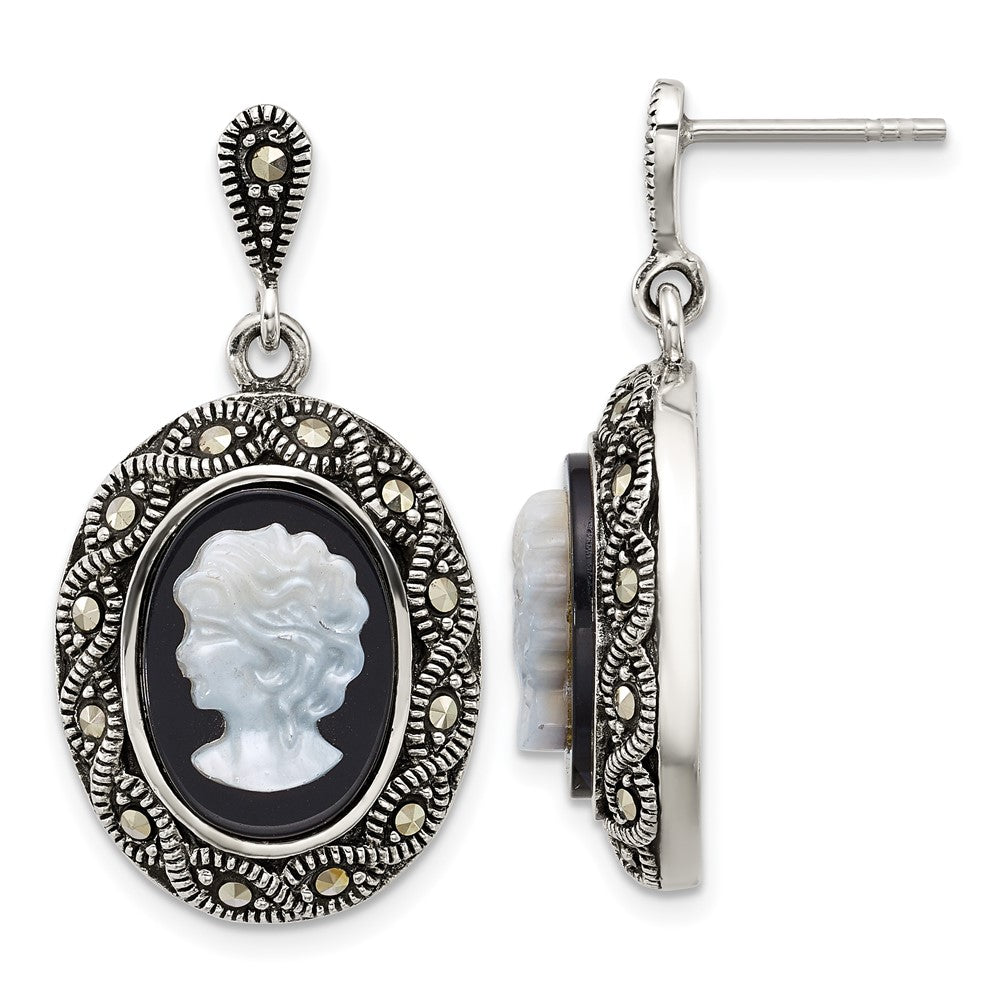 Sterlingsilber Antikisiert Markasit Schwarz Achat und Perlmutt Cameo Ohrringe