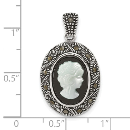 Sterlingsilber Antikisiert Markasit Schwarz Achat und Perlmutt Cameo Anhänger