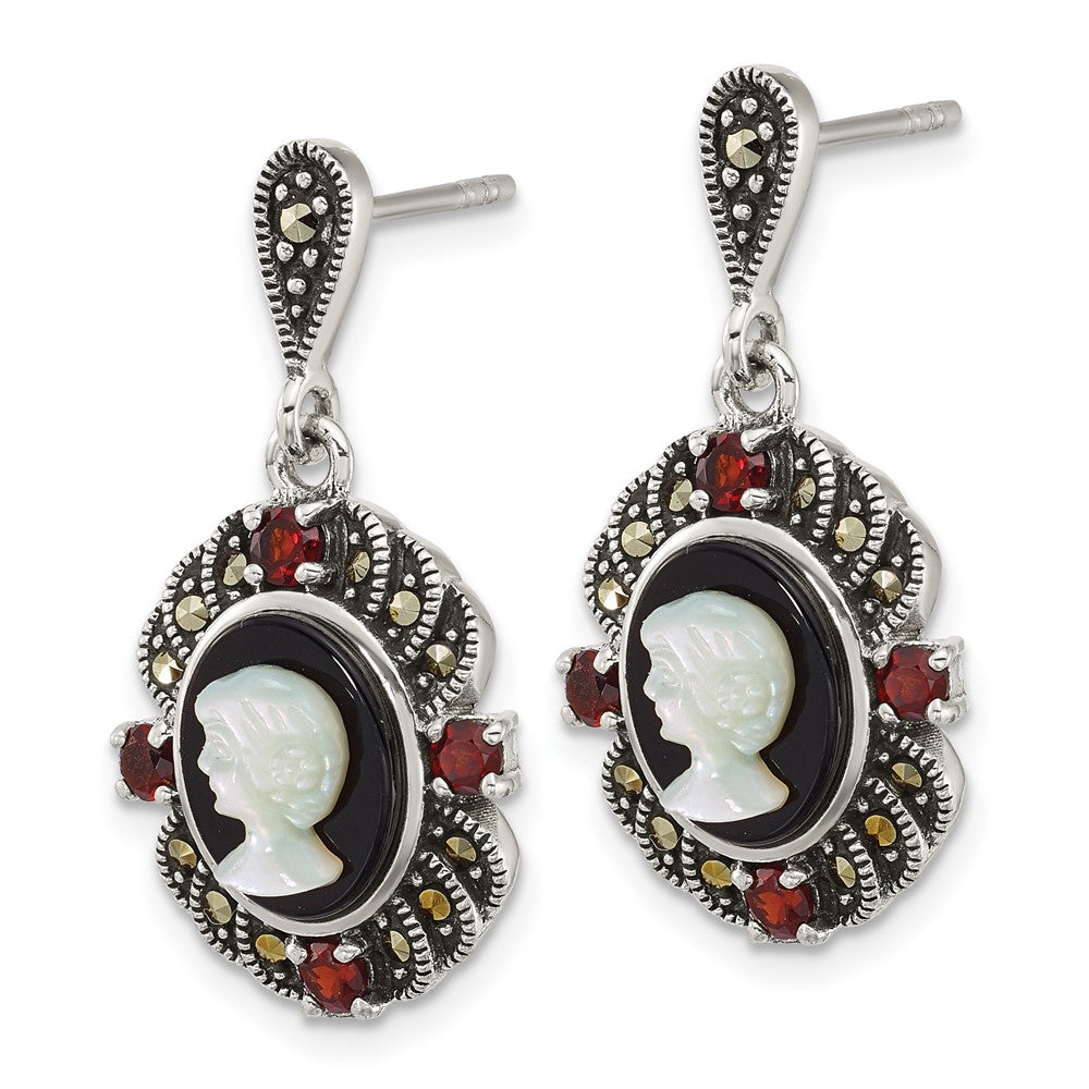 Sterlingsilber Antikisiert Markasit Granat Blk Achat und Perlmutt Cameo Ohrringe