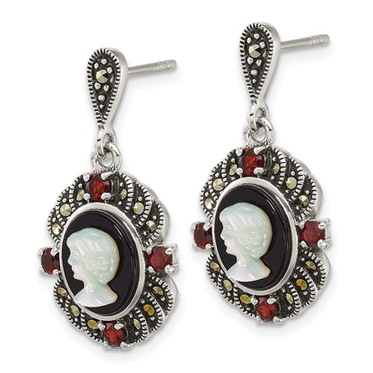 Sterlingsilber Antikisiert Markasit Granat Blk Achat und Perlmutt Cameo Ohrringe