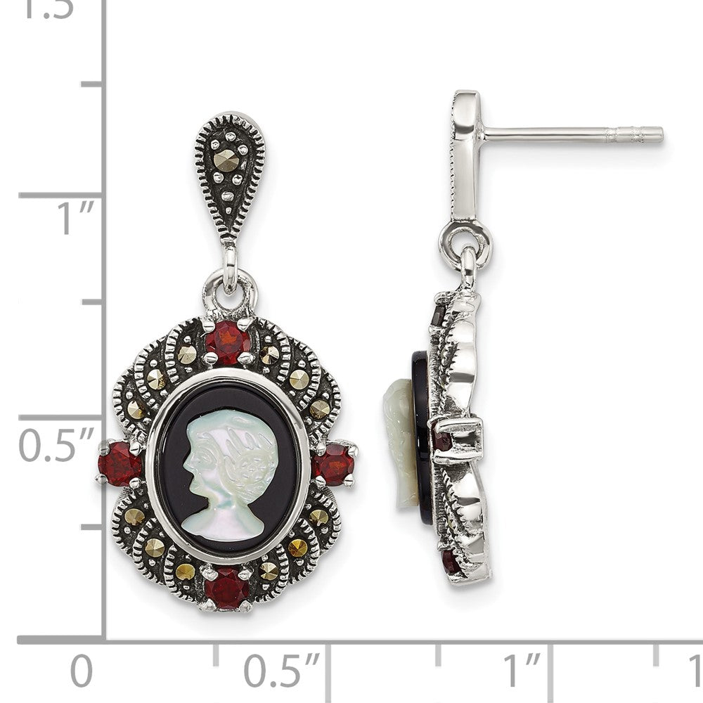 Sterlingsilber Antikisiert Markasit Granat Blk Achat und Perlmutt Cameo Ohrringe