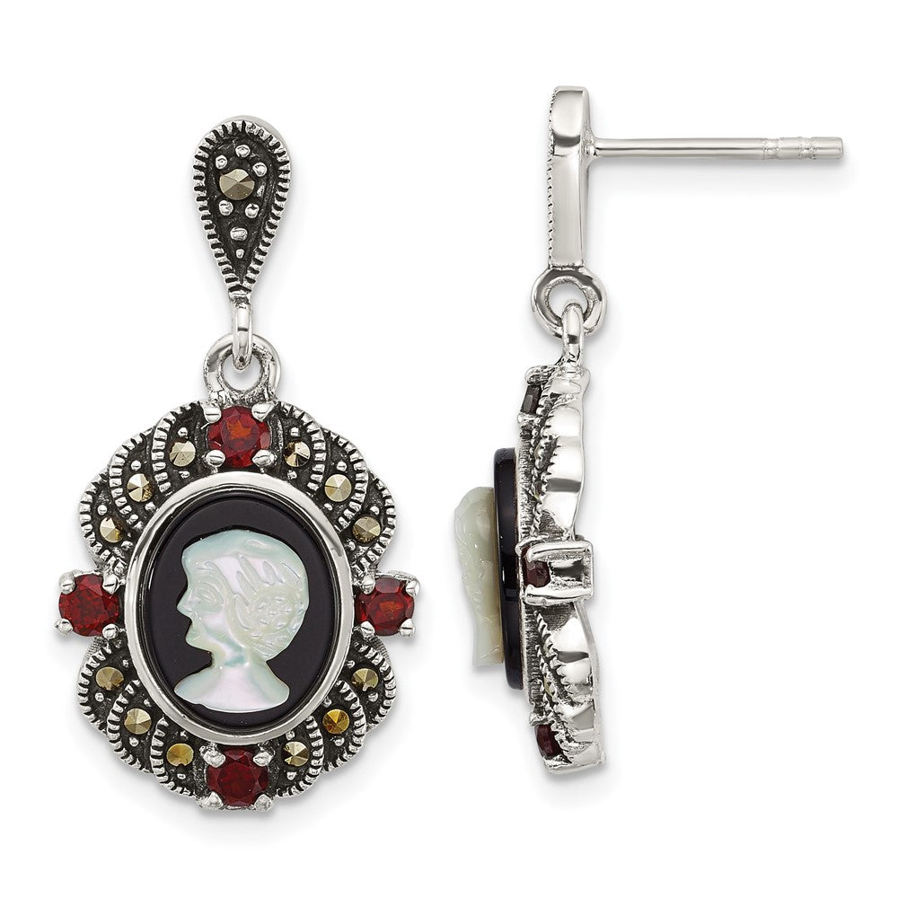 Sterlingsilber Antikisiert Markasit Granat Blk Achat und Perlmutt Cameo Ohrringe