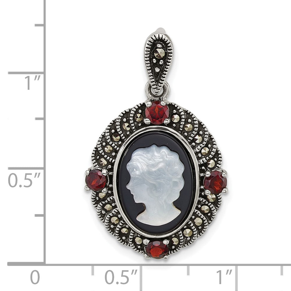 Sterlingsilber Antikisiert Markasit Granat Blk Achat und Perlmutt Cameo Anhänger