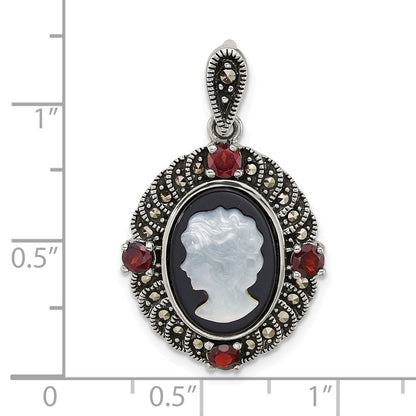 Sterlingsilber Antikisiert Markasit Granat Blk Achat und Perlmutt Cameo Anhänger