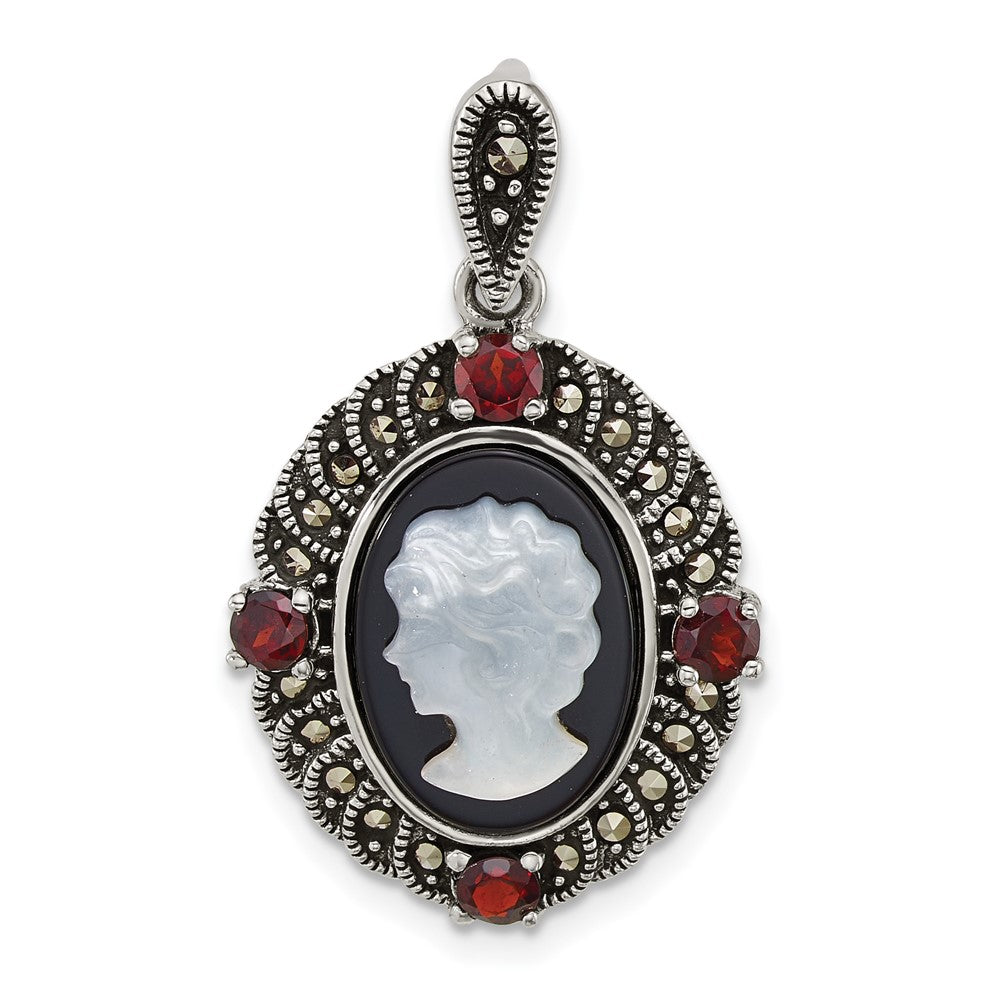Sterlingsilber Antikisiert Markasit Granat Blk Achat und Perlmutt Cameo Anhänger