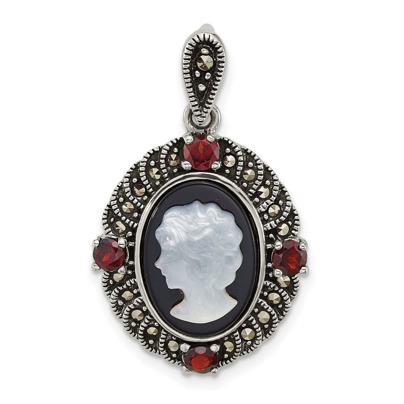Sterlingsilber Antikisiert Markasit Granat Blk Achat und Perlmutt Cameo Anhänger