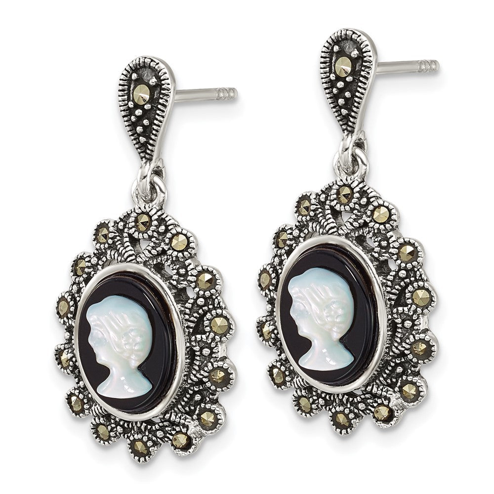 Sterlingsilber Antikisiert Markasit Blk Achat und Perlmutt Cameo Ohrringe