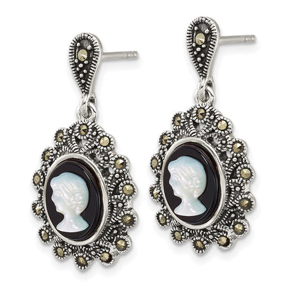 Sterlingsilber Antikisiert Markasit Blk Achat und Perlmutt Cameo Ohrringe
