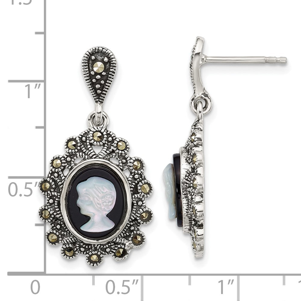 Sterlingsilber Antikisiert Markasit Blk Achat und Perlmutt Cameo Ohrringe