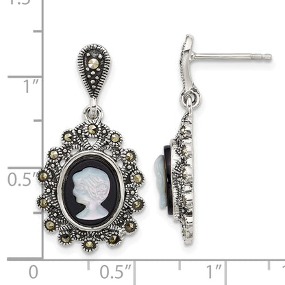 Sterlingsilber Antikisiert Markasit Blk Achat und Perlmutt Cameo Ohrringe