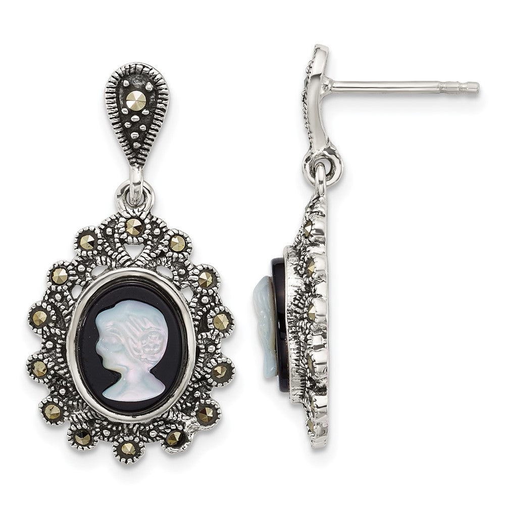 Sterlingsilber Antikisiert Markasit Blk Achat und Perlmutt Cameo Ohrringe