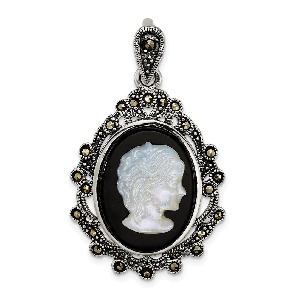Sterlingsilber Antikisiert Markasit Blk Achat und Perlmutt Cameo Anhänger