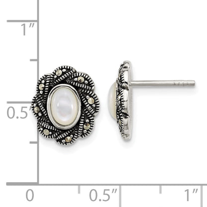 Sterlingsilber Antikisiert Markasit und Perlmutt Oval Fantasie Ohrstecker