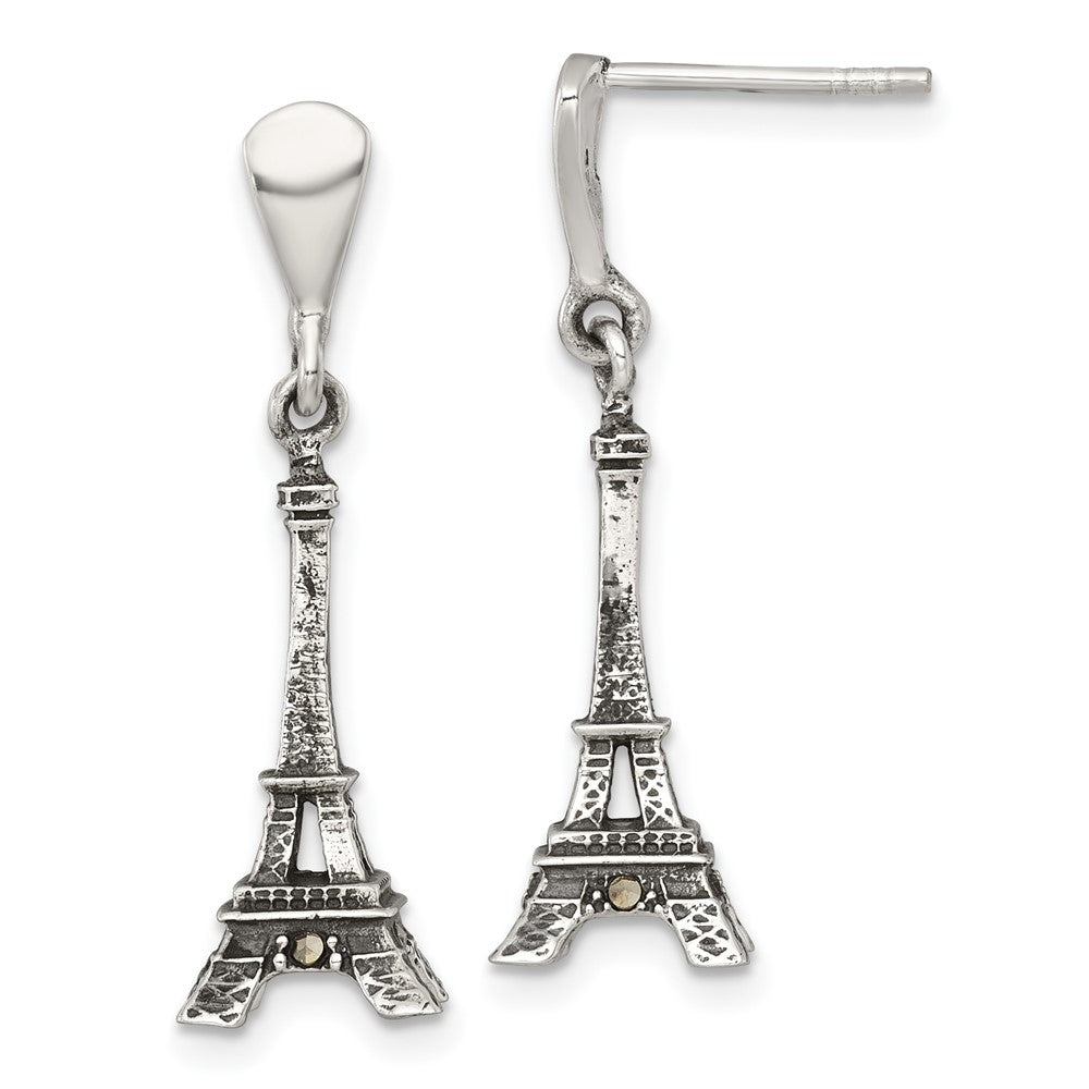 Sterlingsilber Antikisiert Markasit 3-d Eiffel Tower Hängend Ohrstecker