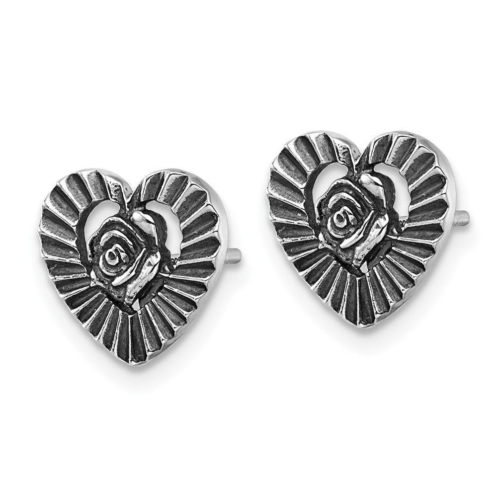 Sterlingsilber Antikisiert Poliert Herz mit Blume Ohrstecker