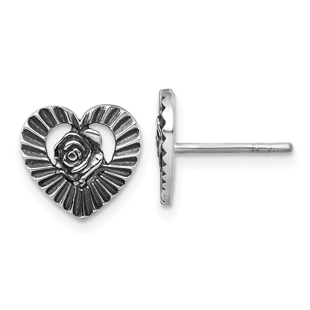 Sterlingsilber Antikisiert Poliert Herz mit Blume Ohrstecker