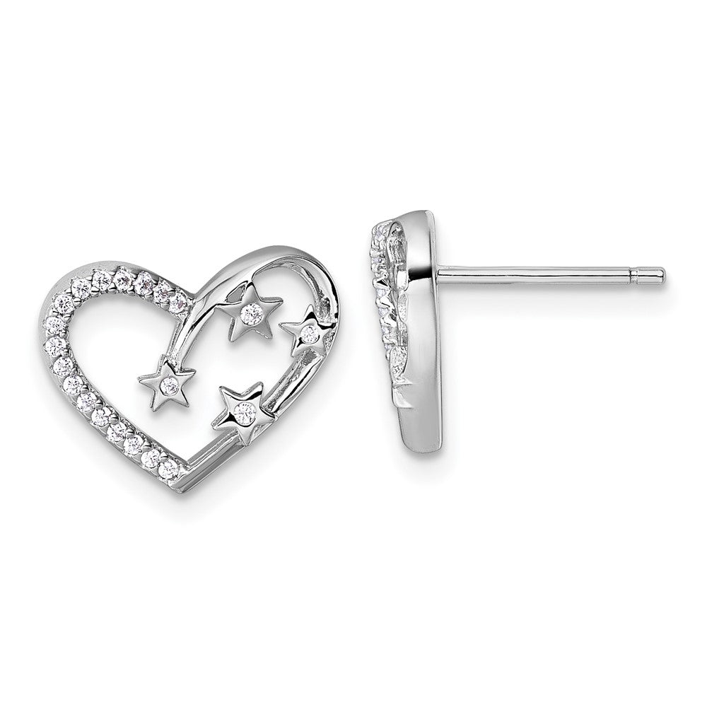 Sterlingsilber Rhodiniert Zirkonia Herz mit Sterne Ohrstecker