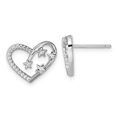 Sterlingsilber Rhodiniert Zirkonia Herz mit Sterne Ohrstecker