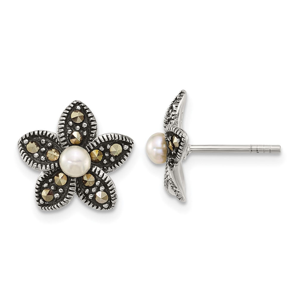 Sterlingsilber Antikisiert Markasit Fwc Perle Fantasie Blume Ohrstecker