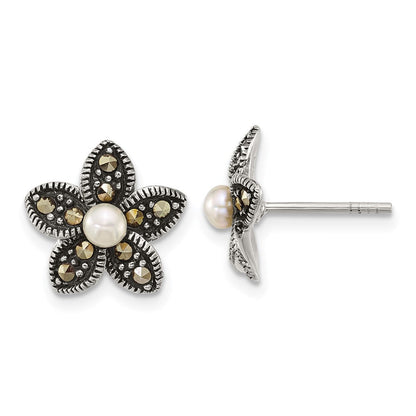 Sterlingsilber Antikisiert Markasit Fwc Perle Fantasie Blume Ohrstecker