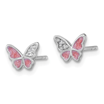Sterlingsilber Rhodiniert Zirkonia Emaille Rosa Schmetterling Ohrstecker