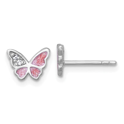 Sterlingsilber Rhodiniert Zirkonia Emaille Rosa Schmetterling Ohrstecker
