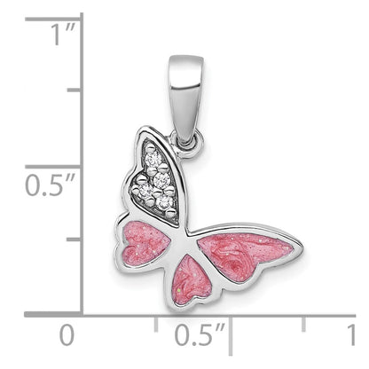 Sterlingsilber Rhodiniert Poliert Zirkonia Emaille Rosa Schmetterling Anhänger