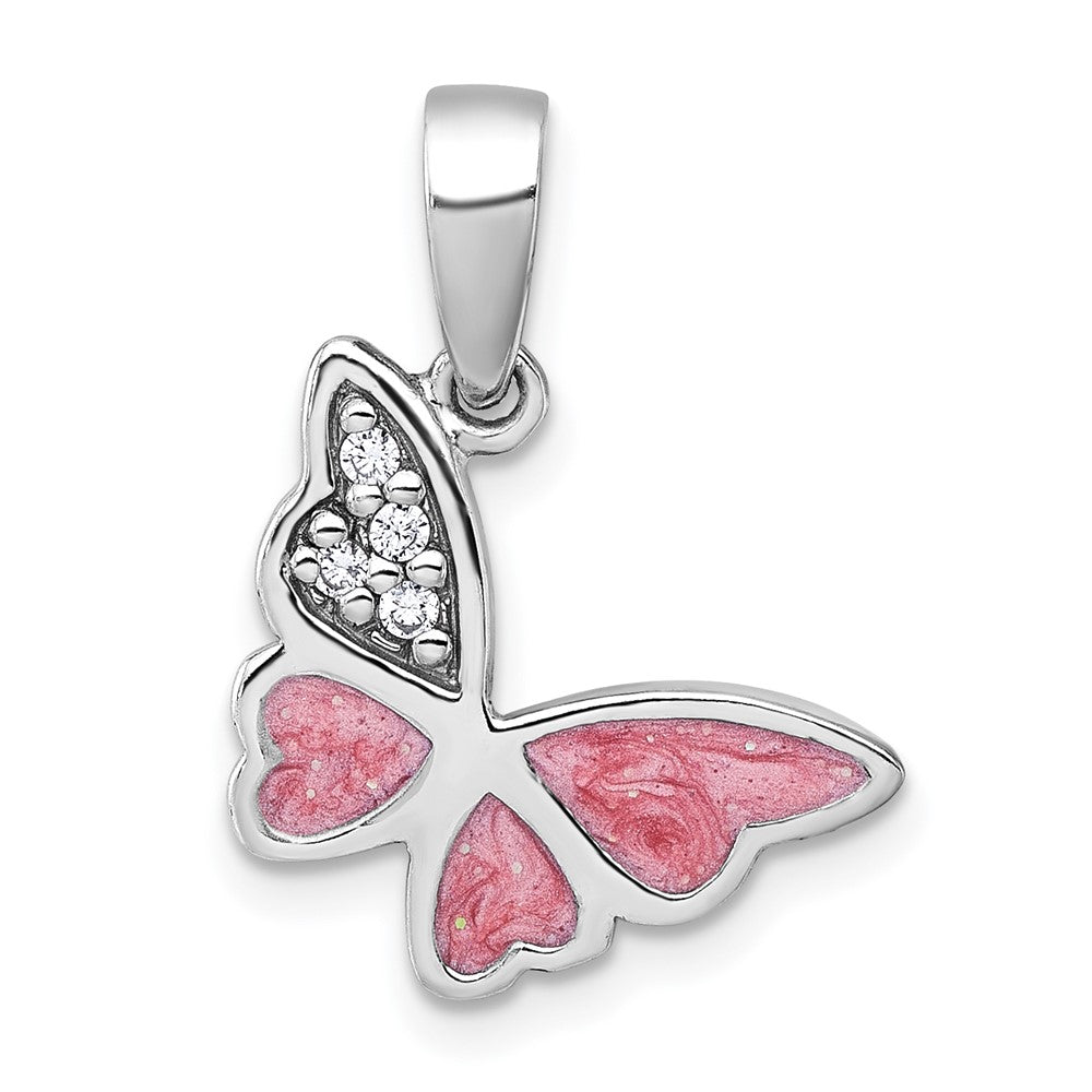 Sterlingsilber Rhodiniert Poliert Zirkonia Emaille Rosa Schmetterling Anhänger