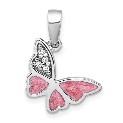 Sterlingsilber Rhodiniert Poliert Zirkonia Emaille Rosa Schmetterling Anhänger