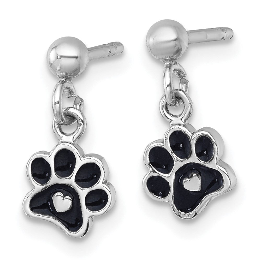 Sterlingsilber Rhodiniert-plt Emaille Schwarz Paw Druck mit Herz Hängend Ohrstecker