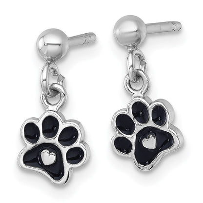 Sterlingsilber Rhodiniert-plt Emaille Schwarz Paw Druck mit Herz Hängend Ohrstecker