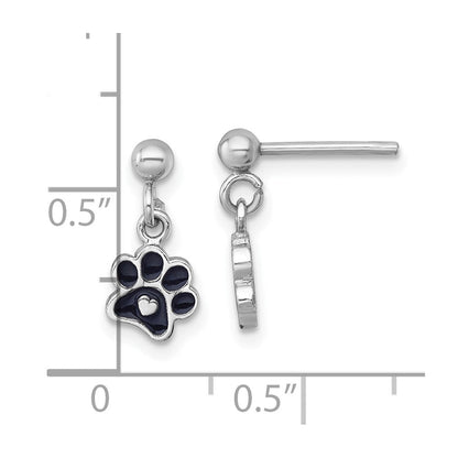 Sterlingsilber Rhodiniert-plt Emaille Schwarz Paw Druck mit Herz Hängend Ohrstecker