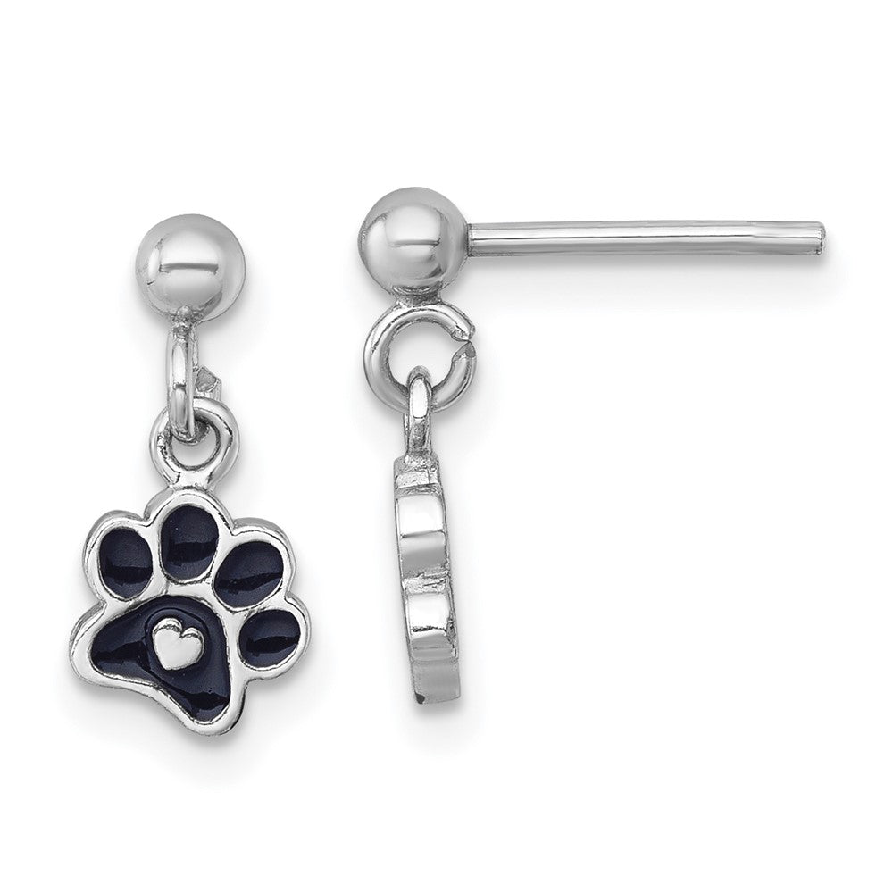 Sterlingsilber Rhodiniert-plt Emaille Schwarz Paw Druck mit Herz Hängend Ohrstecker