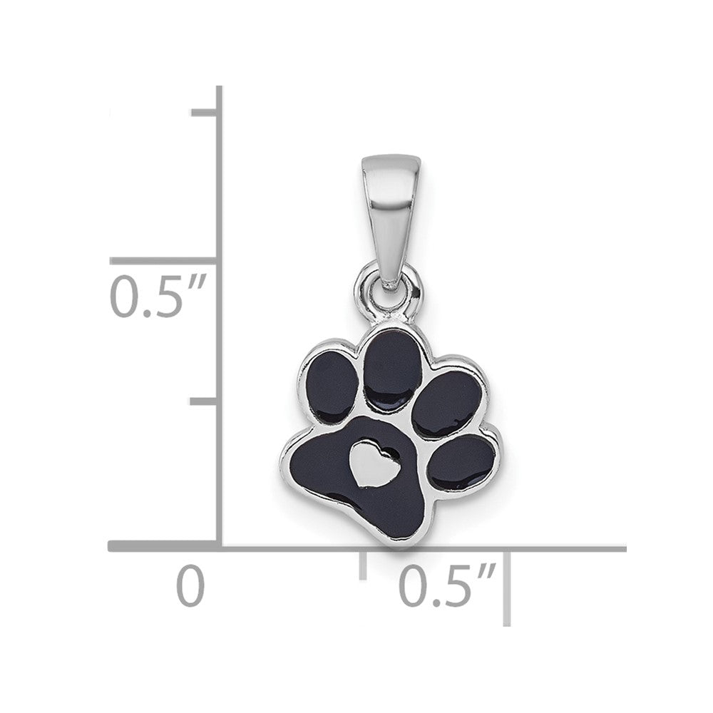 Sterlingsilber Rhodiniert Emaille Schwarz Paw Druck mit Herz Anhänger
