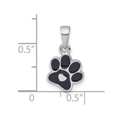 Sterlingsilber Rhodiniert Emaille Schwarz Paw Druck mit Herz Anhänger