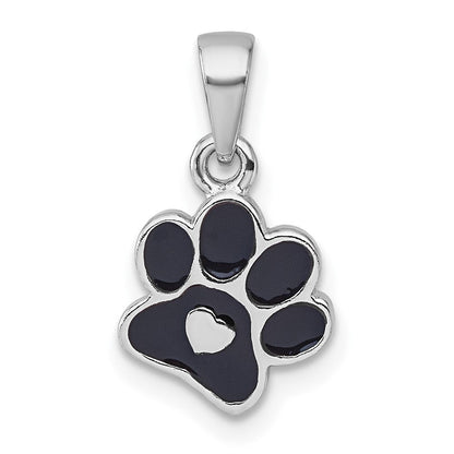 Sterlingsilber Rhodiniert Emaille Schwarz Paw Druck mit Herz Anhänger