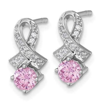 Sterlingsilber Rhodiniert Poliert Rosa & Weiß Zirkonia Bewusstsein Schleife Ohrstecker