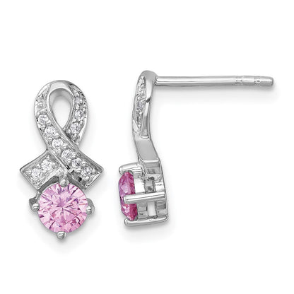 Sterlingsilber Rhodiniert Poliert Rosa & Weiß Zirkonia Bewusstsein Schleife Ohrstecker