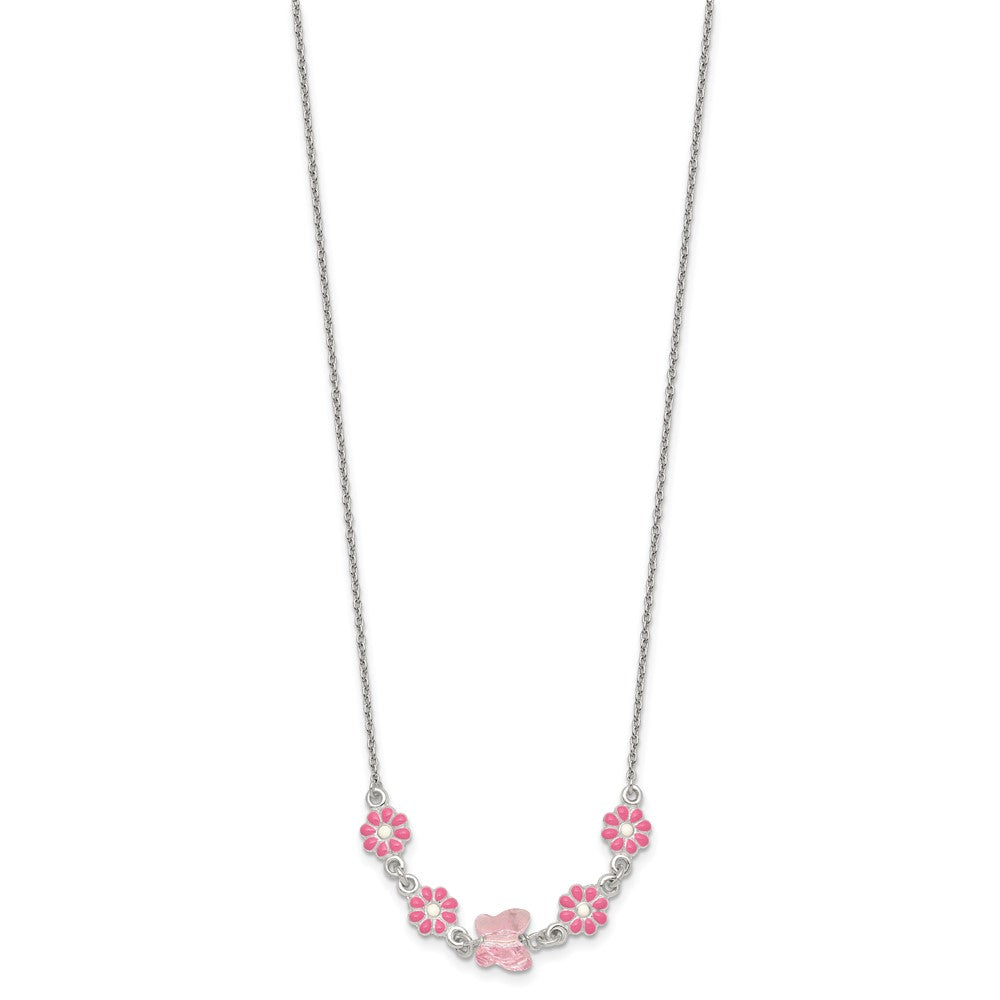 Sterlingsilber Glas Schmetterling und Emailliert Blumen Kinder Halskette