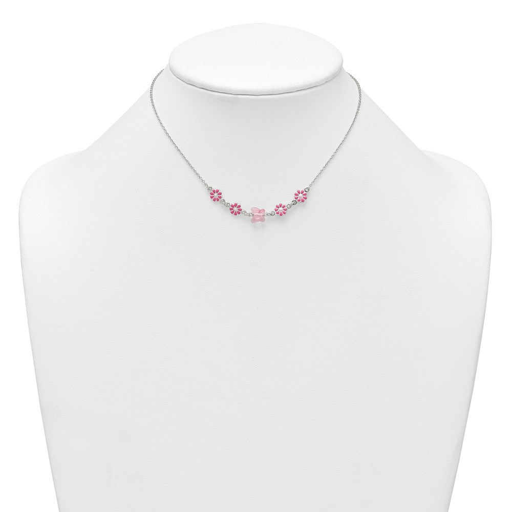 Sterlingsilber Glas Schmetterling und Emailliert Blumen Kinder Halskette