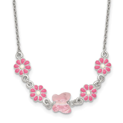 Sterlingsilber Glas Schmetterling und Emailliert Blumen Kinder Halskette