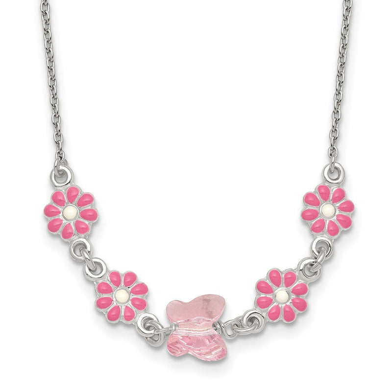 Sterlingsilber Glas Schmetterling und Emailliert Blumen Kinder Halskette