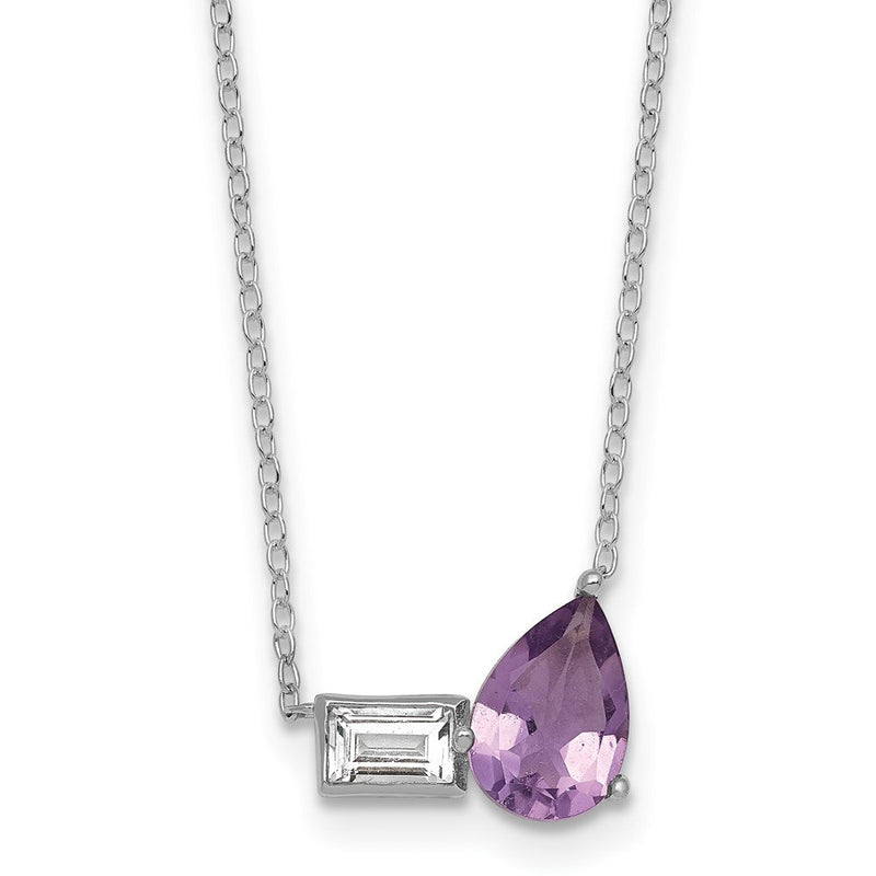 Sterlingsilber Rhodiniert Amethyst und Weiß Topas Tropfen Rechteck 16 Zoll mit 2 Zoll Verlängerung Halskette