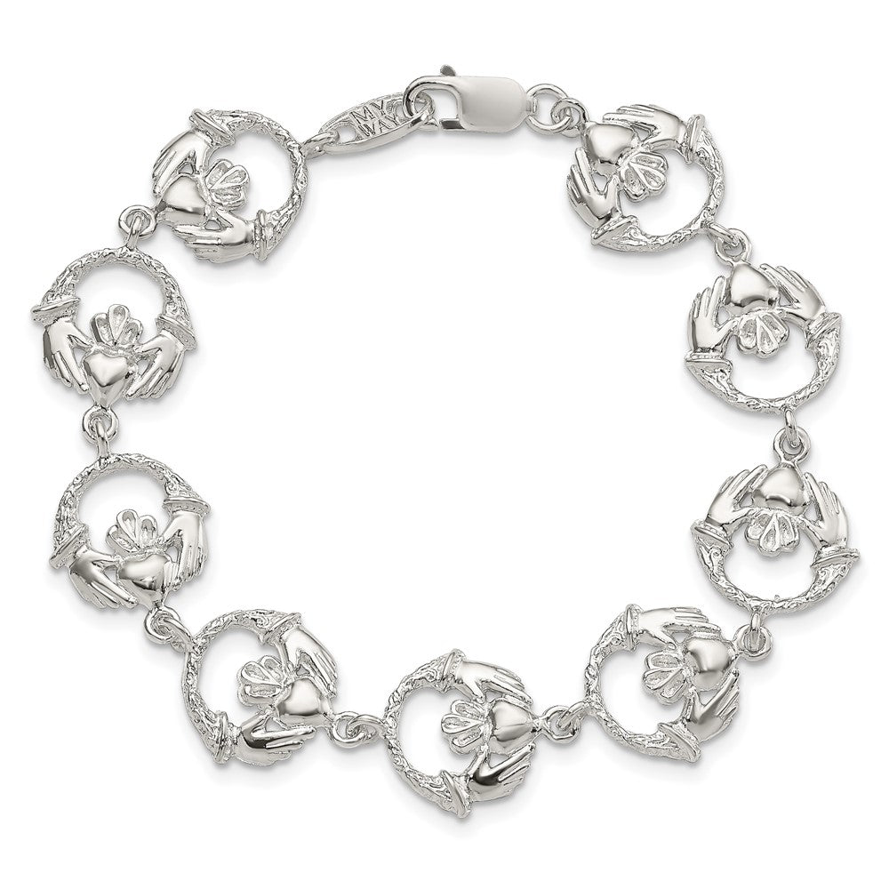 Sterlingsilber Poliert und Strukturiert Claddagh Glieder 7 Zoll Armband