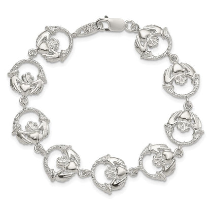 Sterlingsilber Poliert und Strukturiert Claddagh Glieder 7 Zoll Armband