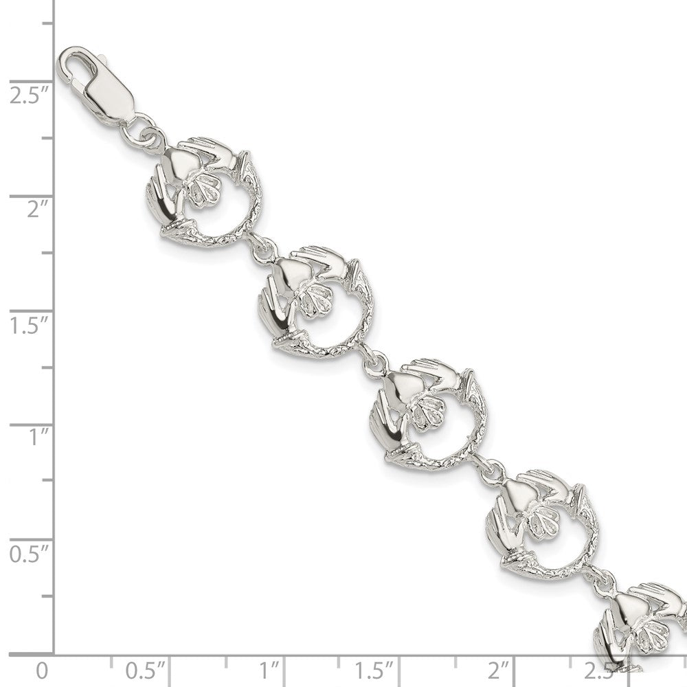 Sterlingsilber Poliert und Strukturiert Claddagh Glieder 7 Zoll Armband