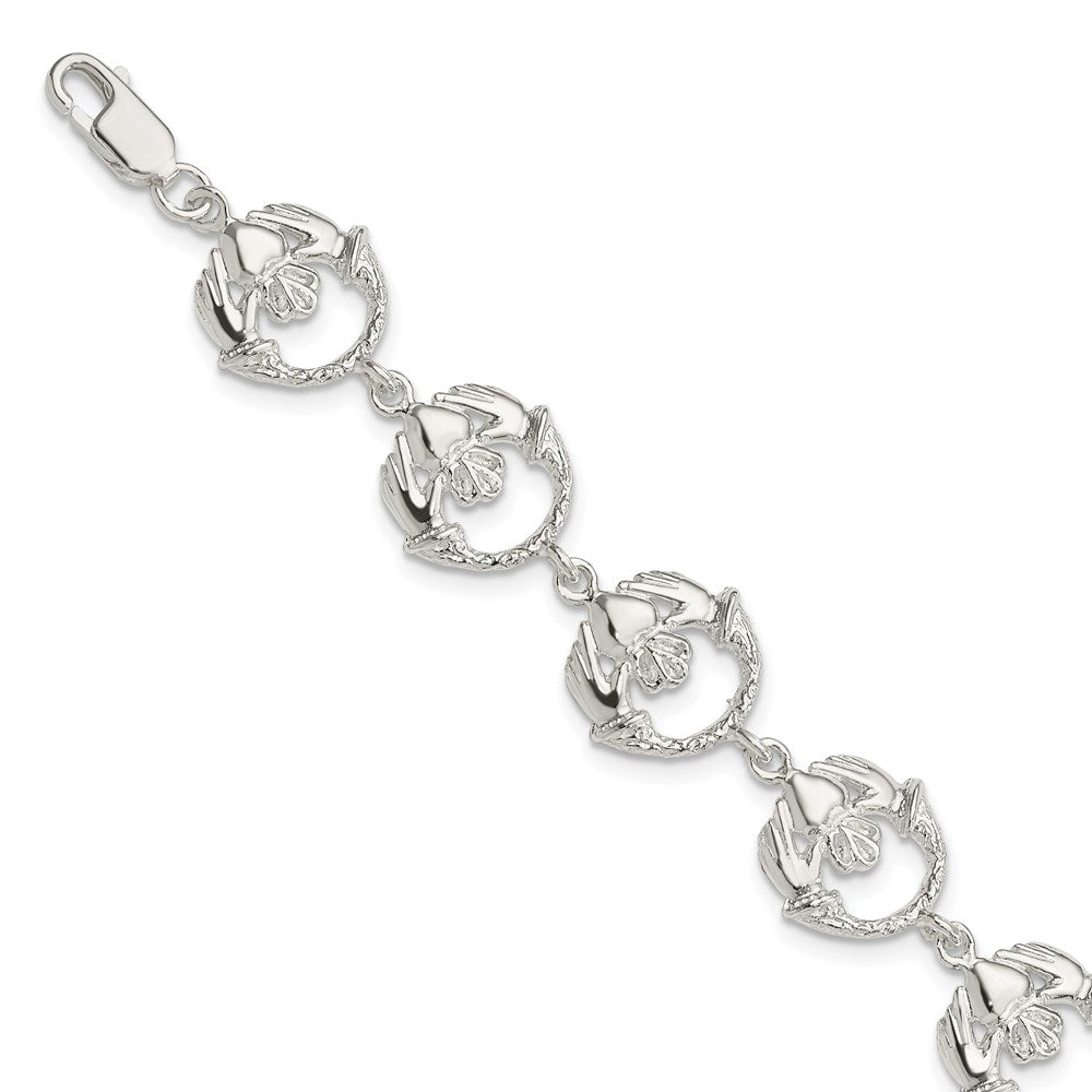 Sterlingsilber Poliert und Strukturiert Claddagh Glieder 7 Zoll Armband