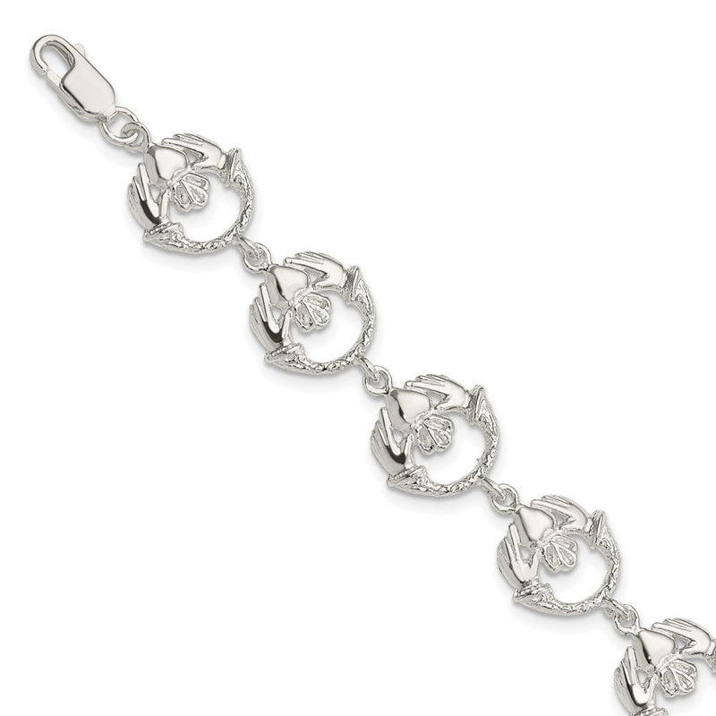Sterlingsilber Poliert und Strukturiert Claddagh Glieder 7 Zoll Armband